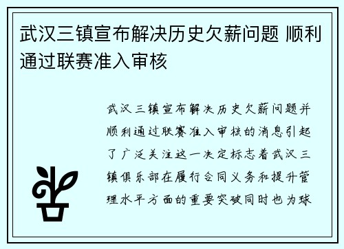 武汉三镇宣布解决历史欠薪问题 顺利通过联赛准入审核 武汉三镇宣布解决历史欠薪问题 顺利通过联赛准入审核